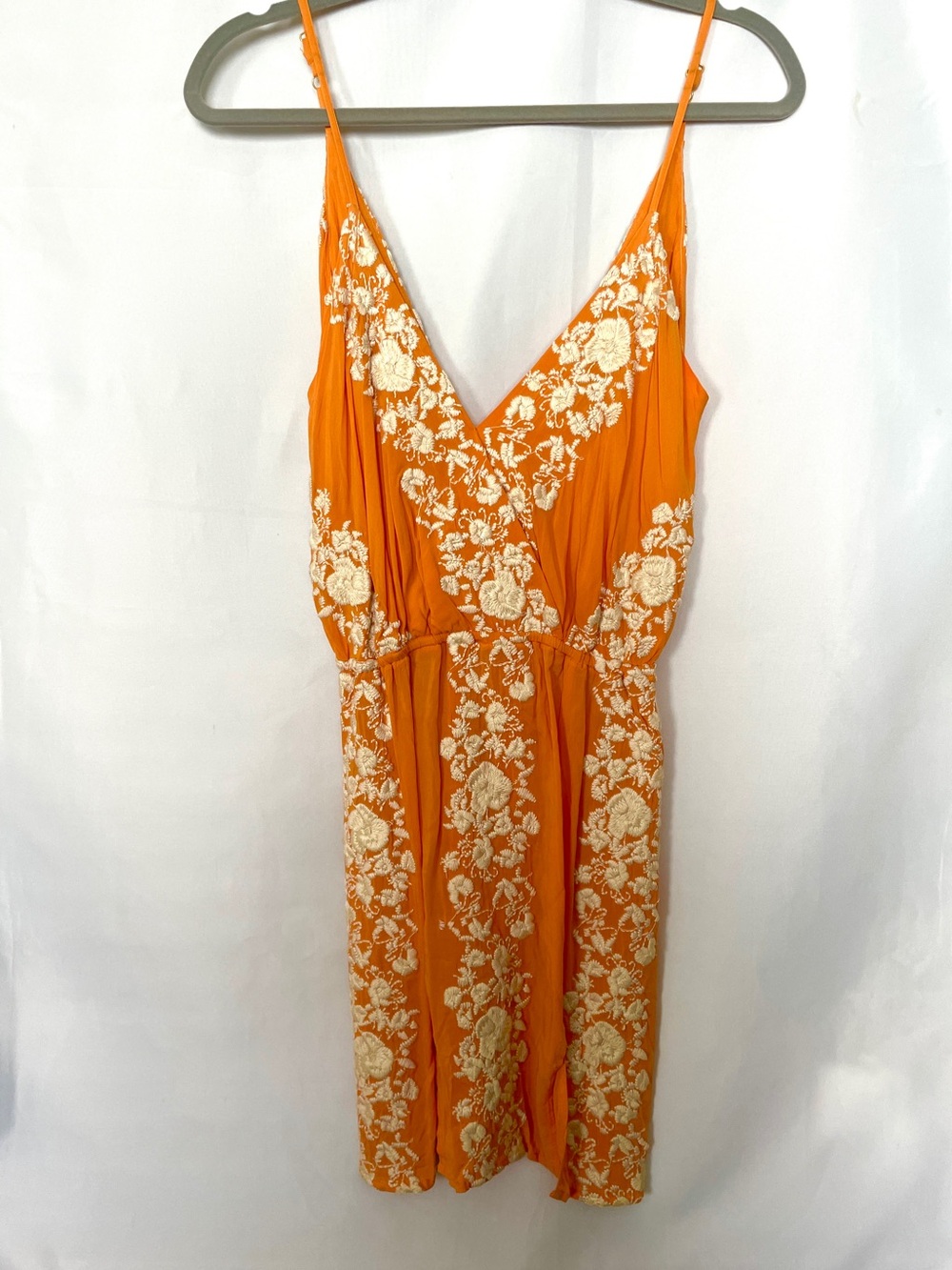 Orange Tangerine Spaghetti Strap Sleeveless Floral Embroidered V-Neck Dress